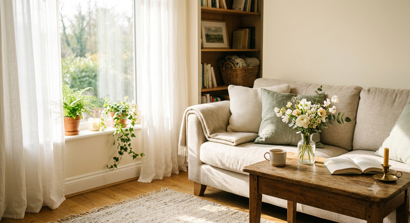 A warm, sunlit home at golden hour